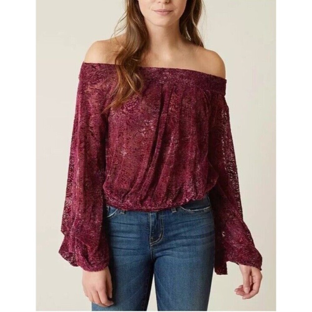 Free People (M)Ginger Berry Velvet Burnout Top Womens Purple Sheer Boho Romantic